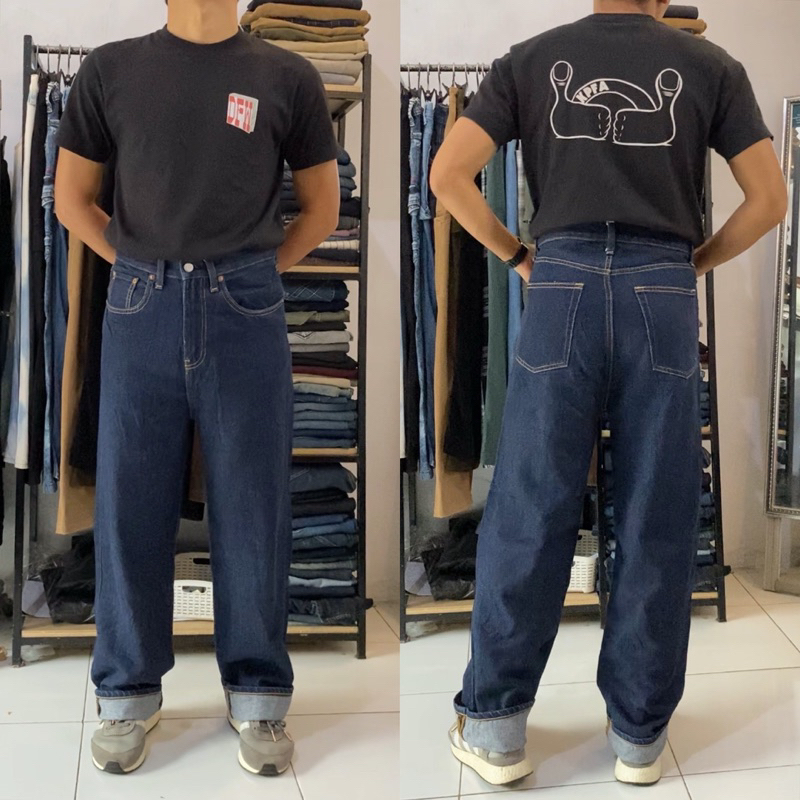 Muji Denim Wide Fit Pants Relaxed Tapered Regular Celana Jeans
