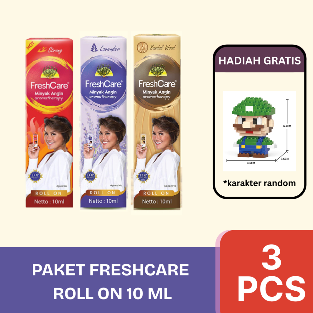 Paket Freshcare Roll On 10 ML (1 Strong, 1 Lavender, 1 Sandalwood) Free1 Pc Bricks Karakter Random