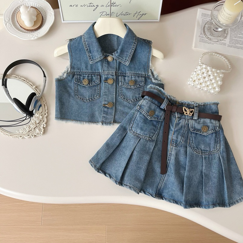 (2-9 TAHUN) Setelan Jeans Biru Anak Perempuan | Setelan Baju Rompi Skort Rok Jeans Biru Anak Perempu