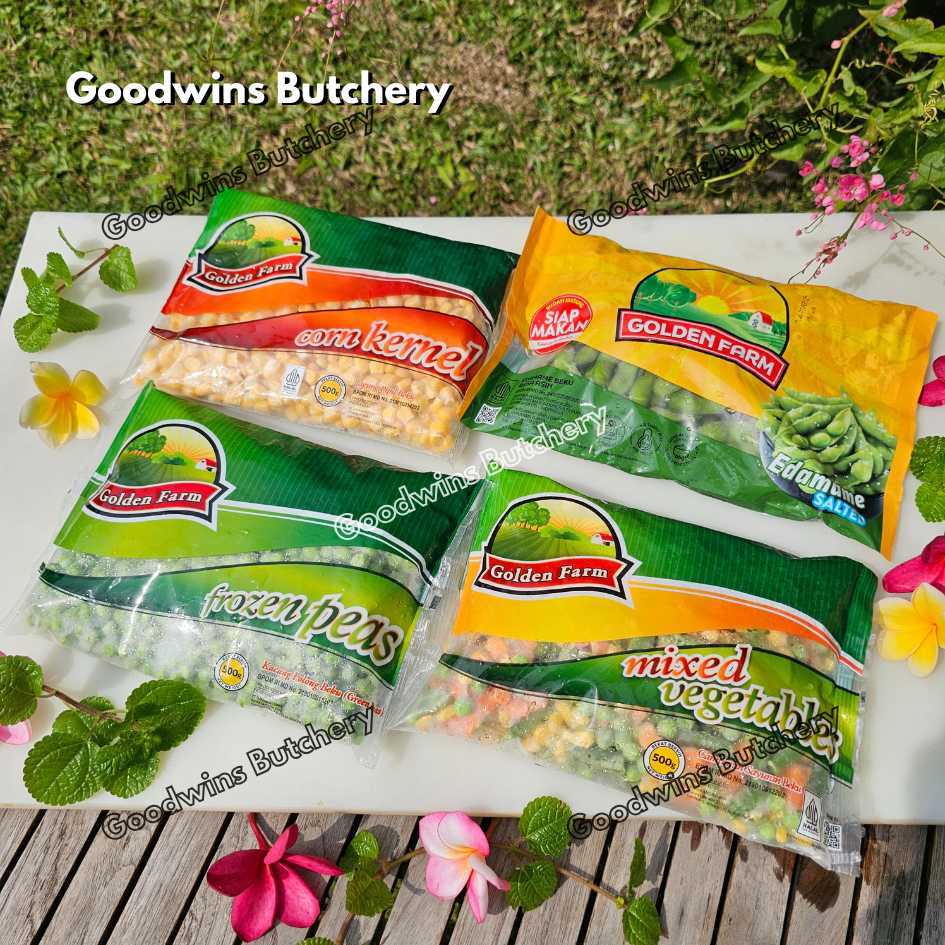

GoldenFarm frozen vegetable EDAMAME, GREEN PEAS, SWEET CORN & MIX VEGETABLE Golden Farm sayuran beku