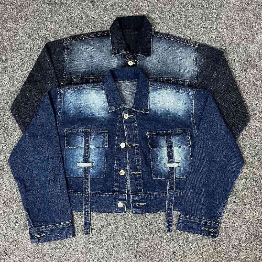 BESTPROMO EMWEHA Fuji Jaket Crop Jeans Denim Oversize cewek Pocket Variasi Tali Denim