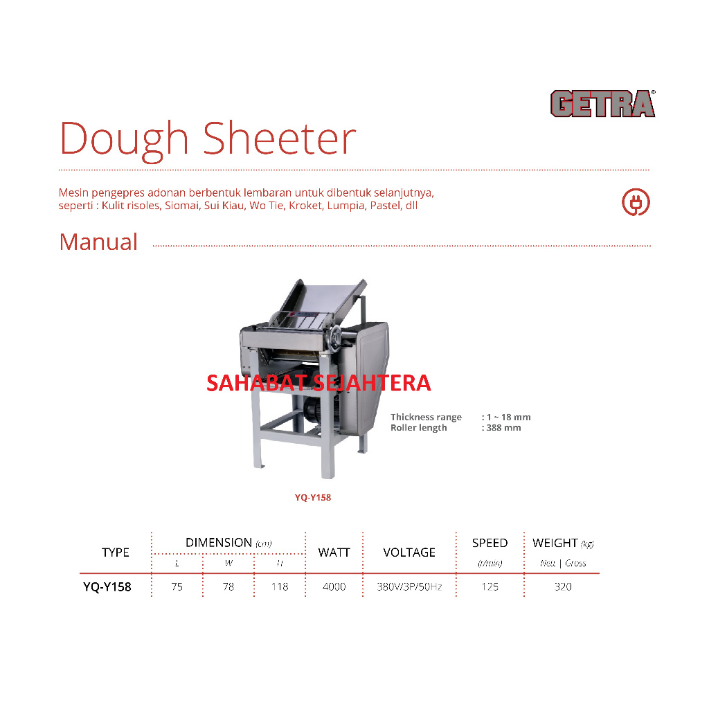 GETRA Manual Dough Sheeter Stainless Steel YQ-Y158 - Mesin Giling Adonan Roti, Pizza, Puff Pastry