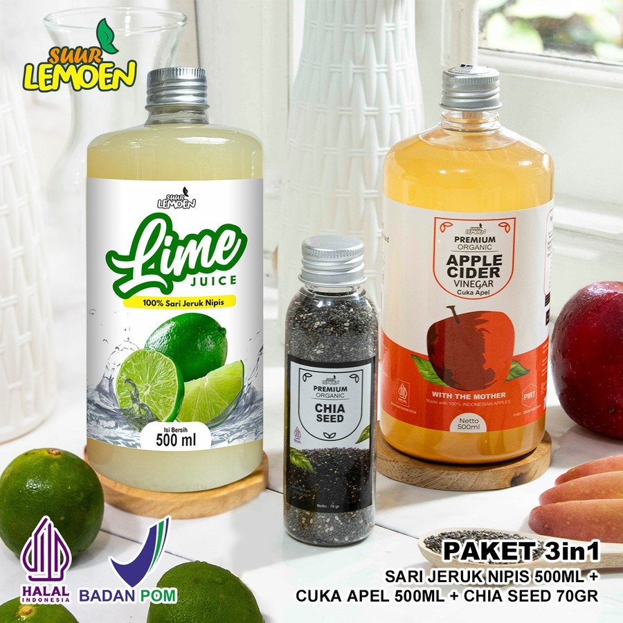 

SUUR LEMOEN Paket Sehat 3in1 Cuka Apel 500ml Sari Nipis 500ml dan Chia Seed 70gr