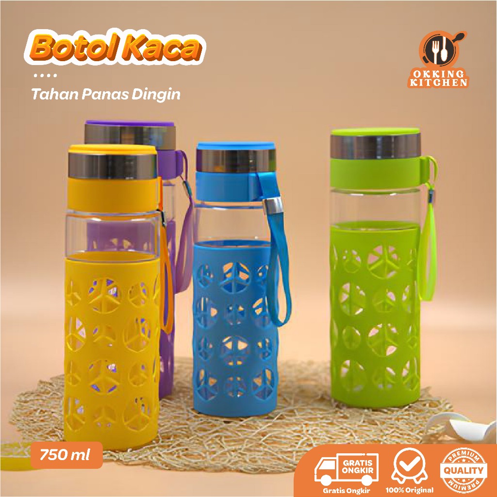 Okkingkitchen Botol Minum Kaca Lapis Karet Tumbler Kaca botol Minum Kaca Motif Cover Plastik 750ml 8