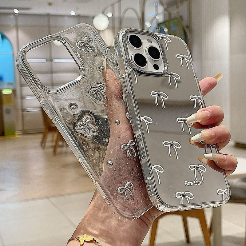 3D Ribbon Coquette Clear Glitter Case - Mirror Bow Girl Casing HP Untuk iPhone X XS XR XSMAX 15 14 1