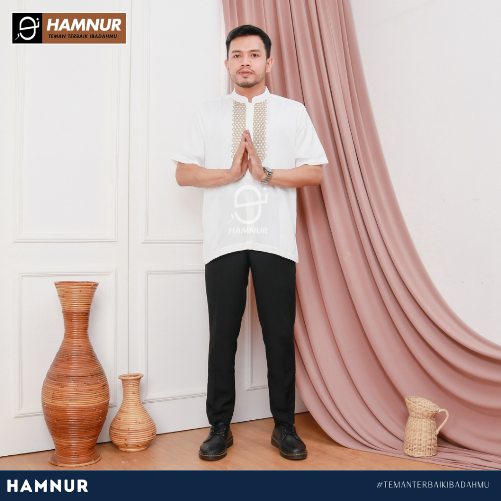 premium baju koko pria dewasa lengan pendek warna putih tulang motif bordir gold sultan kualitas