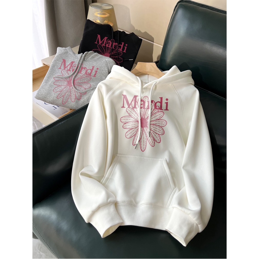 Forteid  Hoodie Sweater Wanita Oversize Pola krisan merah yang cantik Korean Style Baju Wanita Kekin