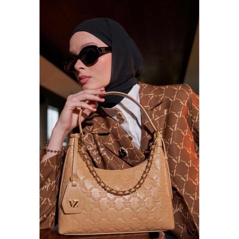 Ready NEW/NWOT Vivi Zubedi VZ Monogram Embossed Shoulder Bag - Cream Brulee/Black