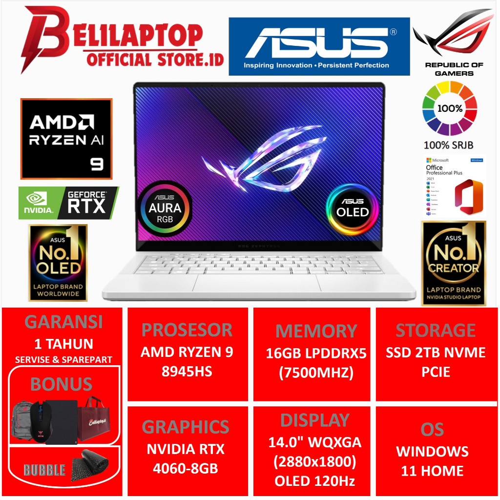 ASUS ROG Zephyrus G14 AMD Ryzen 9 8945HS RTX 4060-8GB White 14.0 WQXGA OLED Win 11 White