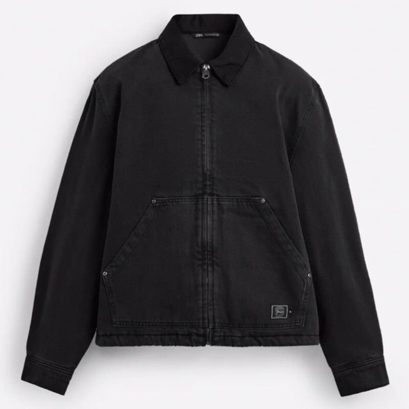 ZARA Men Jacket Contrast Collar Jaket Pria Lengan Panjang Black