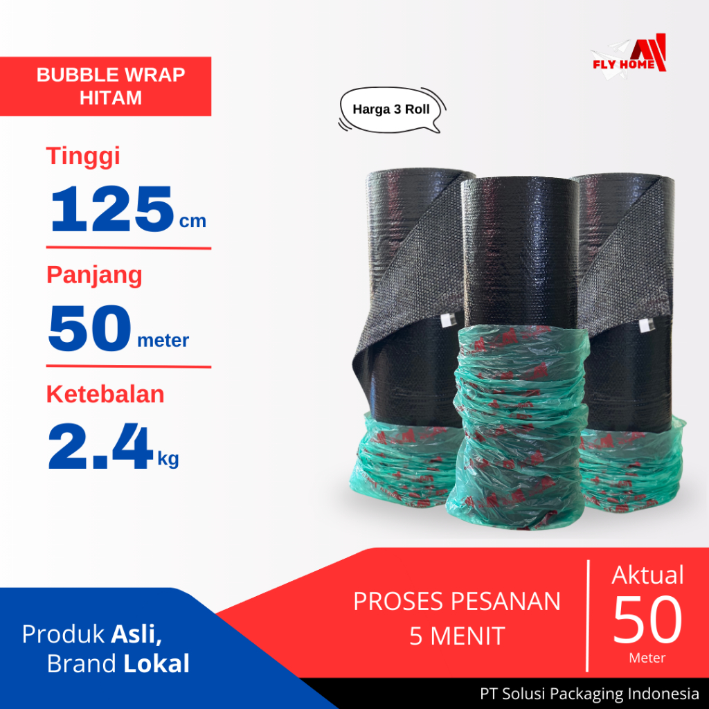 

FLYHOME Bubble wrap hitam 3 roll 2,4kg 50meter bubblewrap 125x50 meter Instan