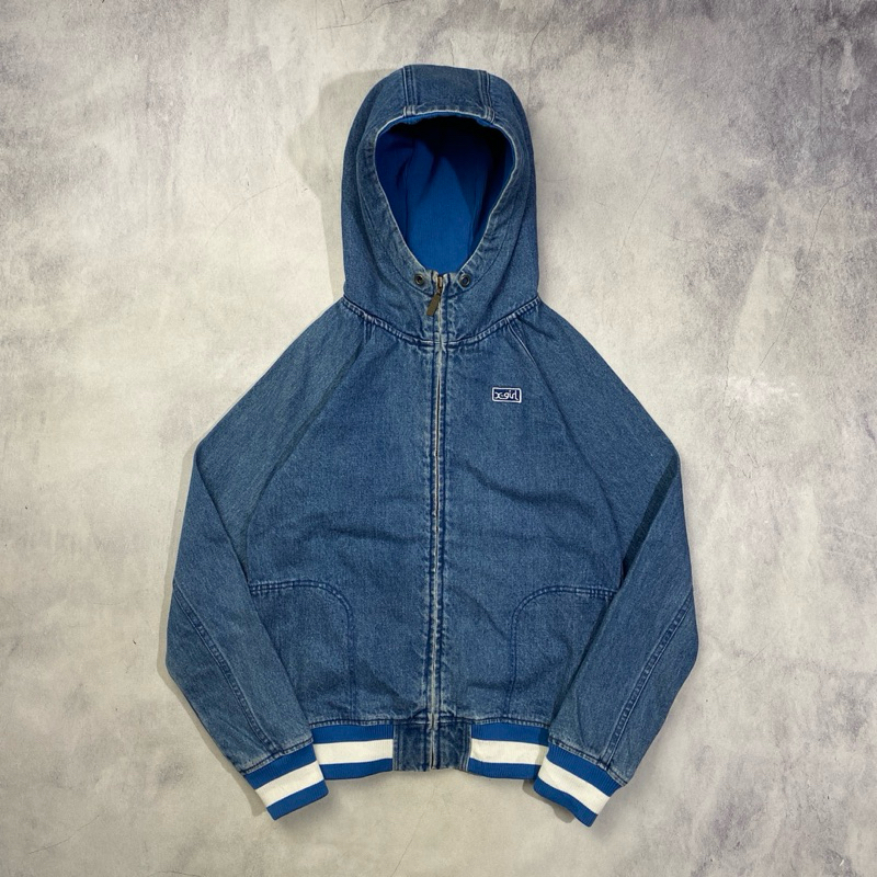 2000s X-Girl by X-Large Blue Washed Embroidery Denim Active Jacket Casual Harrington Work Jacket