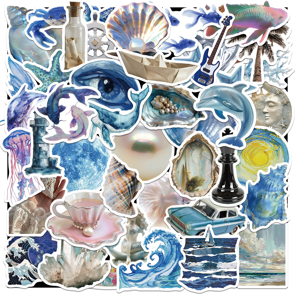 

50PCS Lautan biru keperakan ins Stiker Anti Air Adhesive Waterproof Sticker Suitable for laptop skateboards and mobile phone decorations stickers
