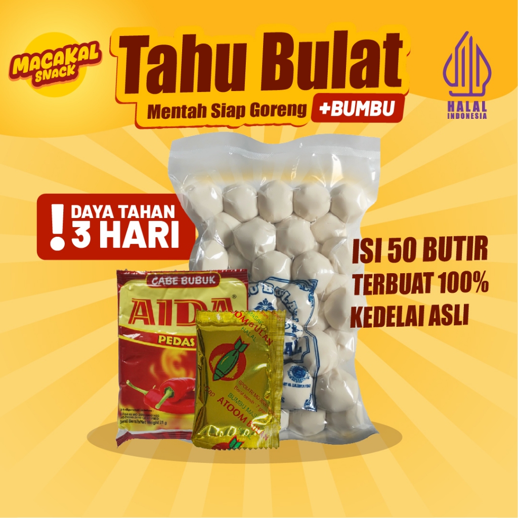 

Macakal - Paket Hemat Tahu Bulat Mentah Isi 50 + Bumbu Tabur Atom Bulan + Cabe Bubuk AIDA