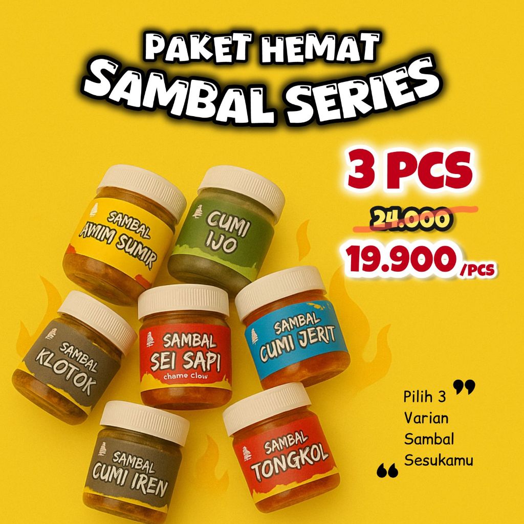 

Paket 3pcs Sambal Series MELUR FOOD - Sambal Sei Sapi, Sambal Cumi, Sambal Ayam, Sambal Tongkol, Sambal Klotok