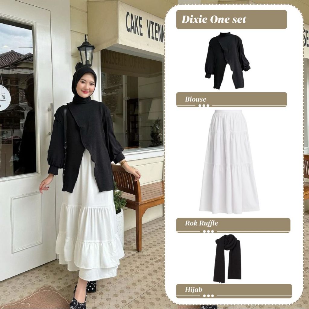 Dixie One Set Wanita Blouse Silang Rok Ruffle Square Hijab Kampus Outfit Casual Simple Ootd Feminim