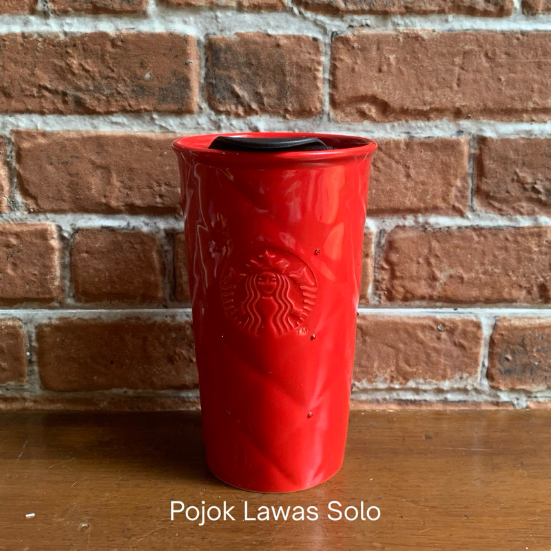 STARBUCKS ceramic tumbler with Red Swarovski Crystal Quilted 2016