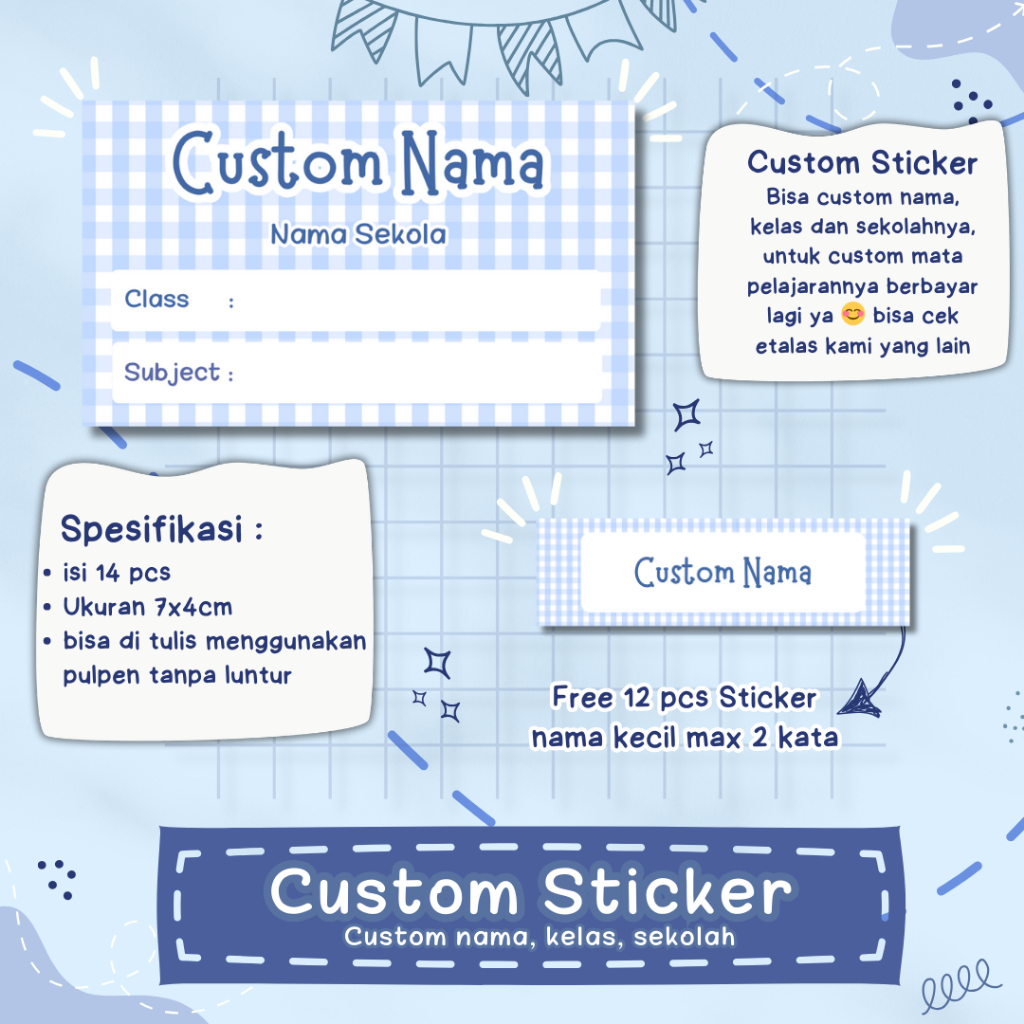 

14pcs Azurakids Sticker Custom Nama Buku Mata Pelajaran Anak Edisi Kotak - Kotak