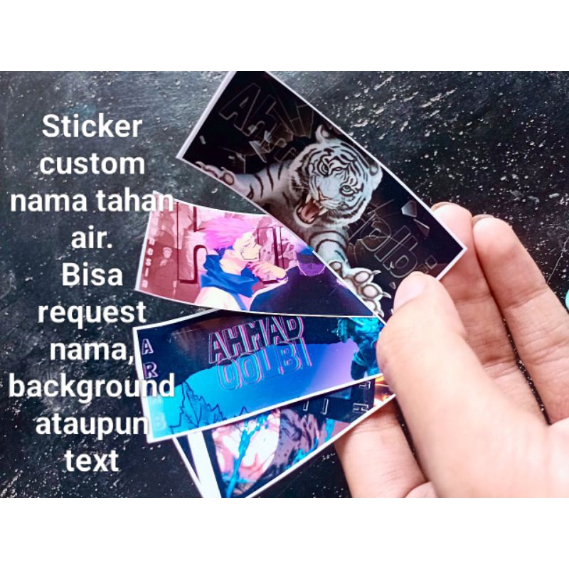

Sticker nama custom waterproof bisa request nama, text, font dan background.