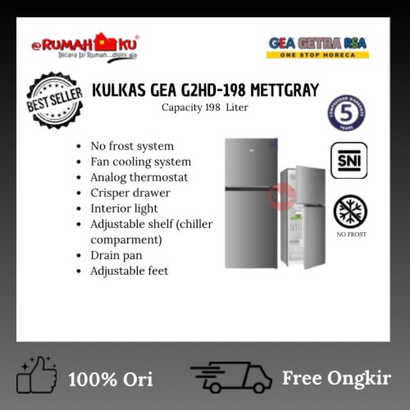 GEA KULKAS 2 PINTU G2HD-198 NO FROST/GEA KULKAS 2 PINTU KAPASITAS 198LITER/GEA KULKAS NO FROST