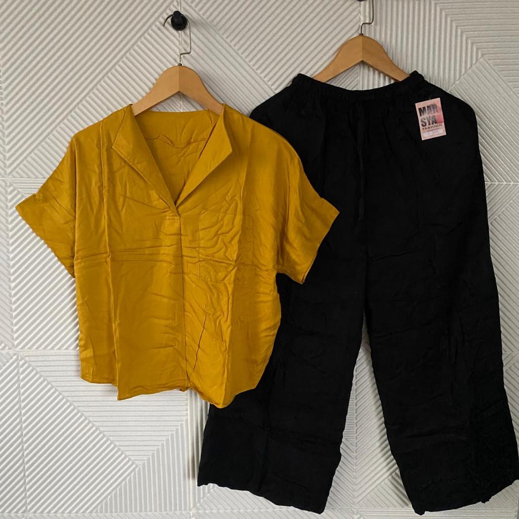 Disa Set Katun Rayon / Setelan Celana Panjang Wanita / One Set Vneck Polos Tangan Pendek
