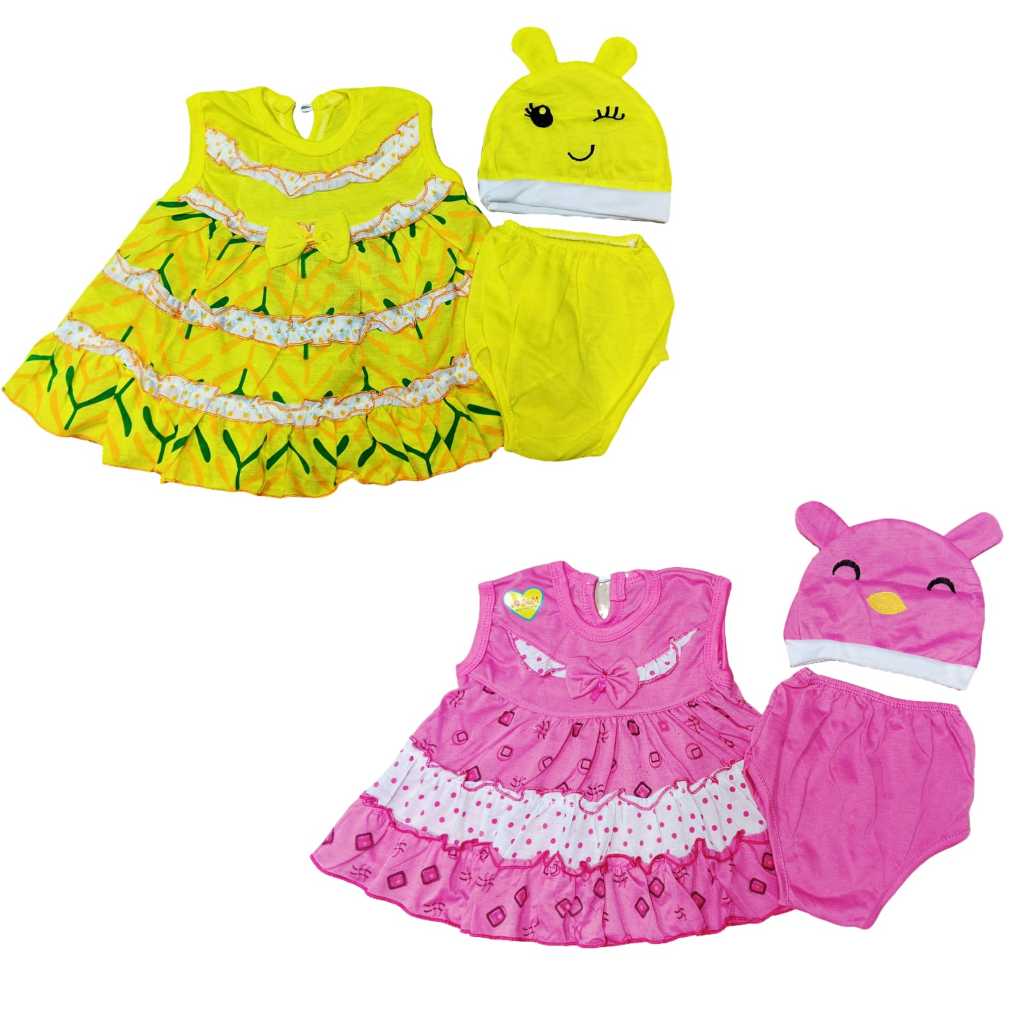 Setelan anak perempuan / dress bayi cewek 0-12 bulan / Pakaian bayi lucu bahan kaus + topi dan bando