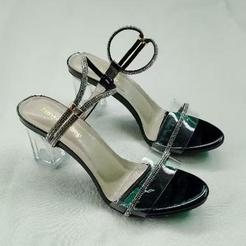 Sandal Hak Kaca Premium Tali Permata Import Sandal Pesta