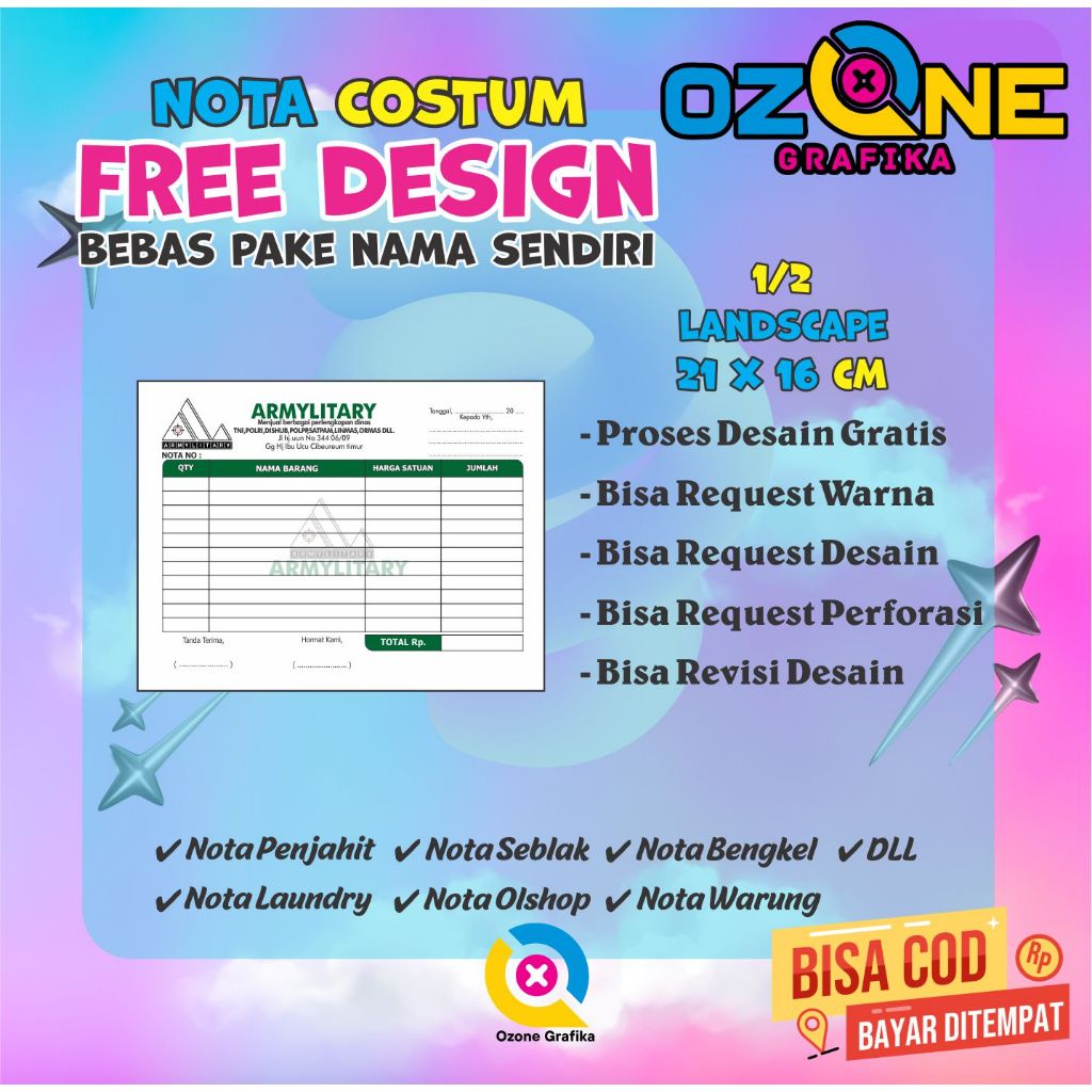 

Nota Costum 1/2 landscape 2 Ply Isi 100 Lembar Free Design Bebas Pake Nama Sendiri Ozone Grafika