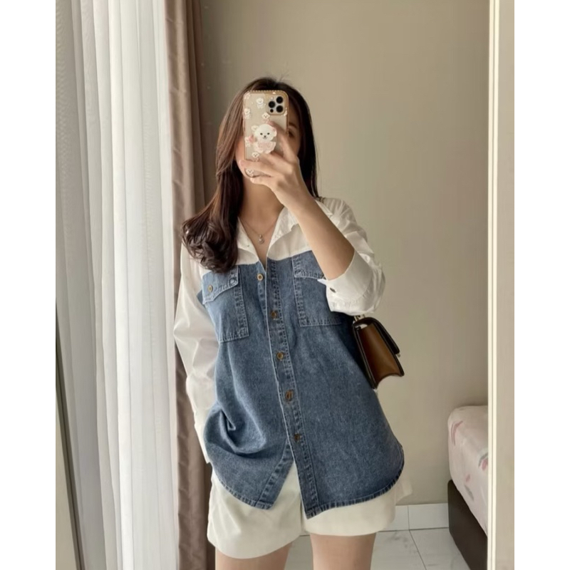 Kemeja Jeans Kombinasi Lengan Panjang Kemeja Wanita Jeans Kombinasi Atasan Wanita