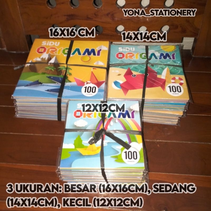 

Origami Sidu ukuran Besar, Sedang, Kecil (1 Ikat: 10 Pak | 1 Pak: 100 l Lembar) | Ukuran: 16x16cm, 14x14cm, 12x12Cm