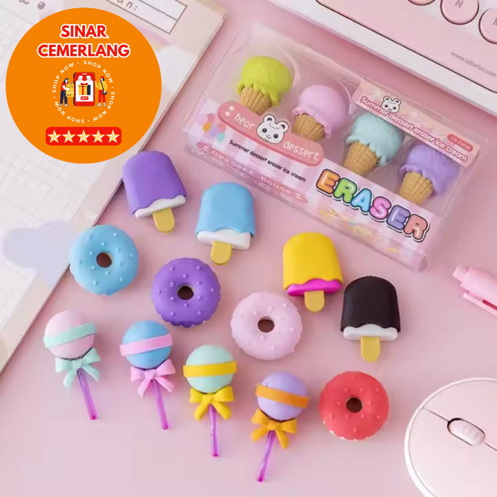 

SC Penghapus 4 Pcs / Set Lucu Bentuk Es Krim Lolipop Donat Popsiscle Pensil Karakter Sweet Eraser Anak Sekolah Karakter 4pcs