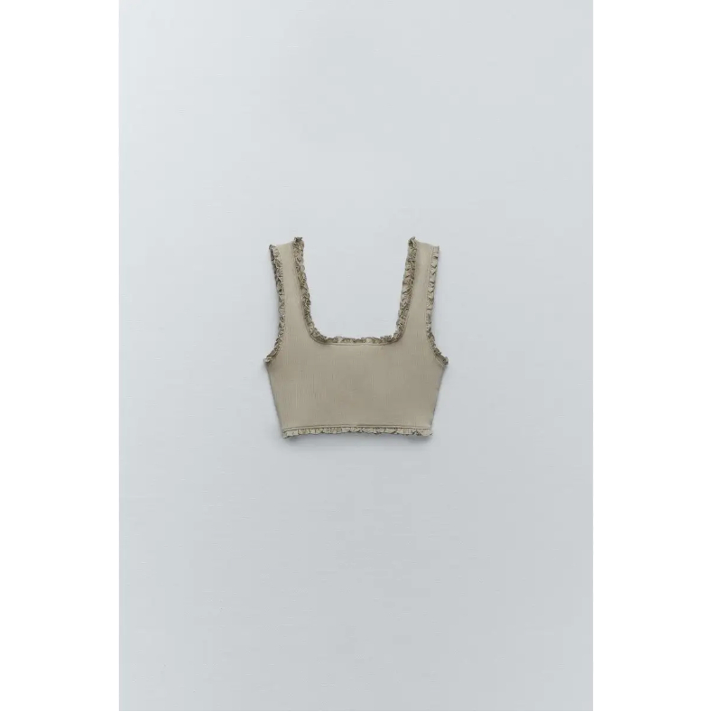 ZARA RUFFLE GREY RIBBED CROP TANK TOP