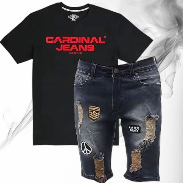 Setelan Kaos Cardinal Jeans Celana Jeans Pendek Sobek Setelan Fashion Pria Keren