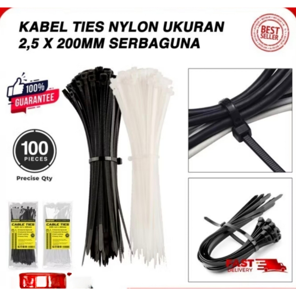 

Kabel Ties Nylon Hitam Dan Putih 2,5 x 200 mm Pengikat Plastik , Kabel Serbaguna