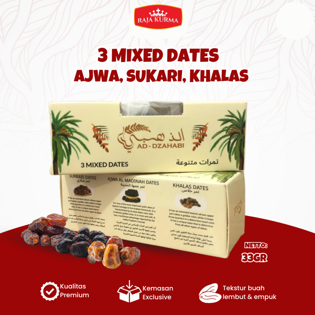 

KURMA 3 MIXED DATES (SUKARI,AJWA,KHALAS) KUALITAS PREMIUM OLEH-OLEH HAJI DAN UMROH