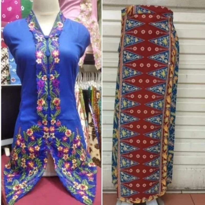 Setelan Kebaya Encim Katun Toyobo Motif Bordir Bunga Lengan Panjang