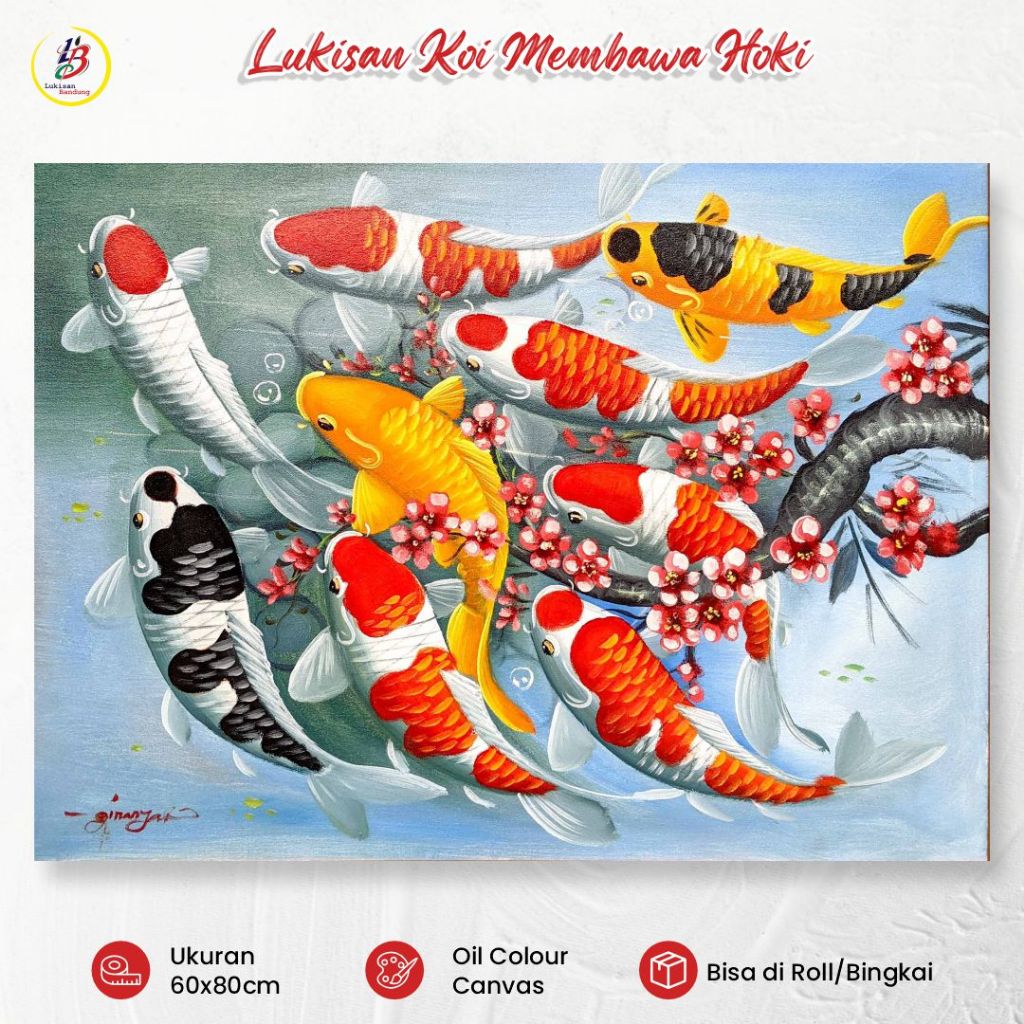 Lukisan Bandung Lukisan Ikan Koi 9 Ekor 60x80cm Lukisan Kanvas Dinding Dekorasi Bunga Sakura HokiLuk
