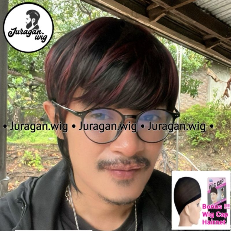 Wig Korean Style Rambut Pendek Pria Highlight Black Maron