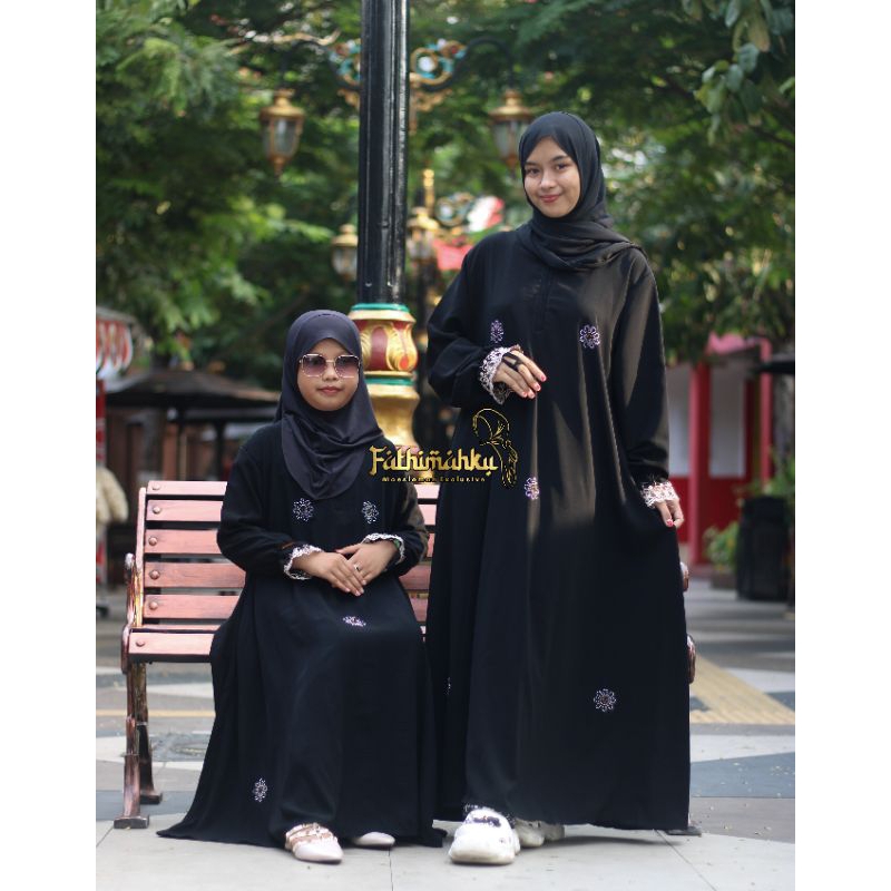 Abaya Habibah Jetblack Premium Couple Ibu dan Anak/Gamis Hitam Anak Termurah/Abaya Hitam Masturoh