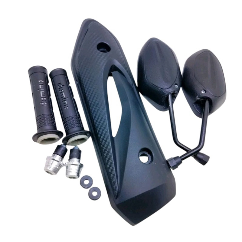 Paket promo tutup tameng knalpot beat karbu+spion hitam+hangrip sisik silver+jalu stang silver beat 