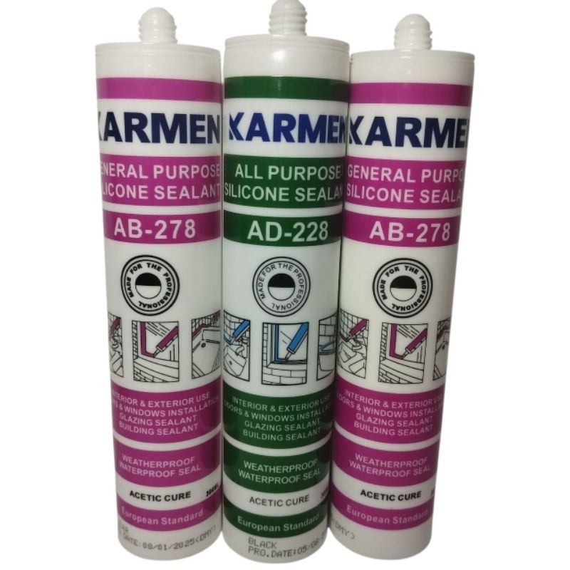 Karmen Sealant Silicone Asam 300ml - Lem Kaca Warna Putih/Hitam/Clear