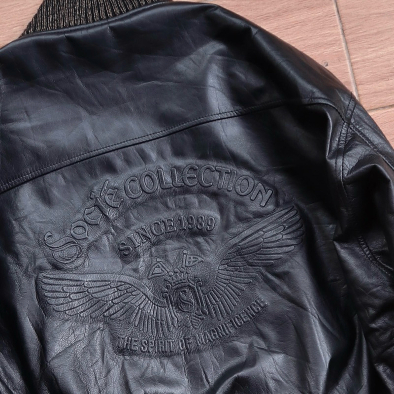 SOCIE kulit domba XL Jaket kulit asli bomber crop vintage varsity pilot coklat tua cropped bergambar