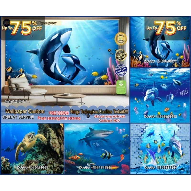 Wallstiker Bahan Stiker Lantai Custom 3D Tema Under Sea | Ikan | Laut | Dalam Laut