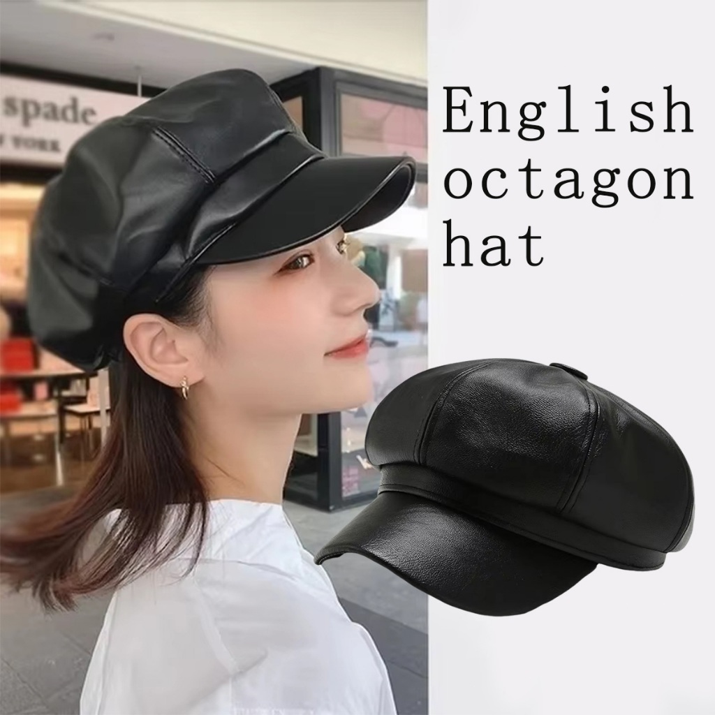 Topi baret korea style wanita Baret Hat oktagonal hitam imitasu pu leather Gaya Retro Inggris