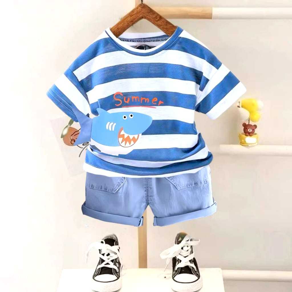 Setelan baju anak motif hiu salur usia 1-6 tahun celana pendek yang lagi trend