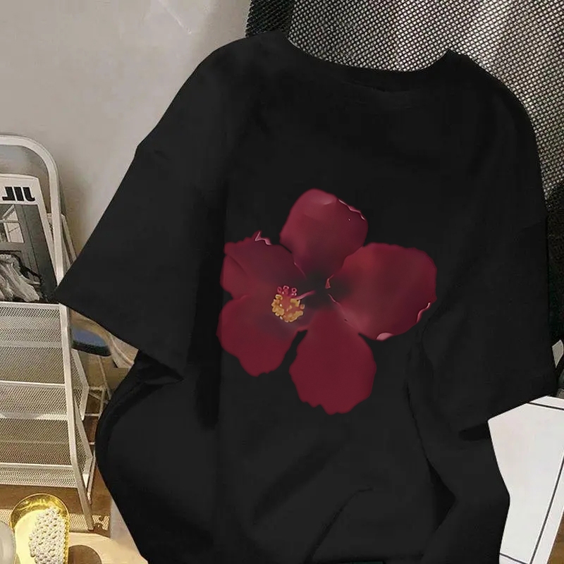 KOIKOO Baju Wanita Kaos Wanita Korean Style Lengan Pendek Fashionable Fashion Style Red Kapok Flower