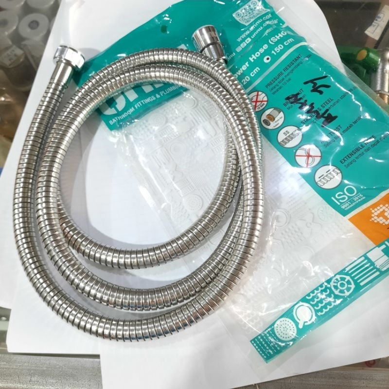 Selang Shower Mandi dan WC stainless steel merk Unnu drat 1/2" panjang 1.5 meter / selang flexible m