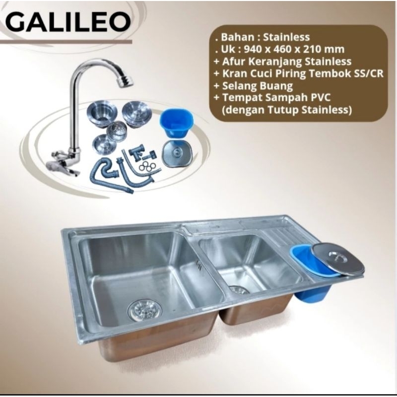 Bak Cuci Piring / Wastafel Cuci Piring / Kitchen Sink Set Galileo Stainless 2Lubang 1Sayap dengan Te