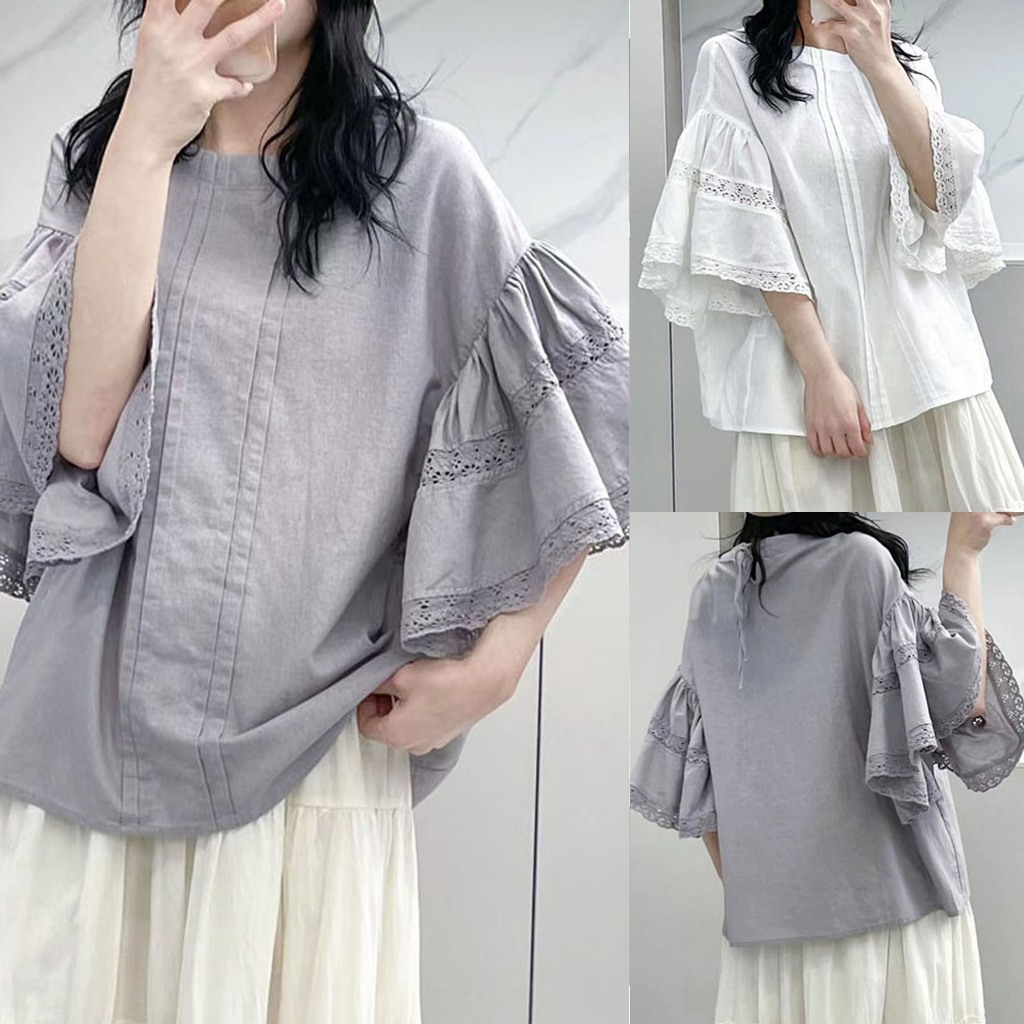 BLUS LINEN ABU PUTIH DROP SHOULDER LENGAN TEROMPET RAMPEL RUFFLE LACE KOREA IMPORT