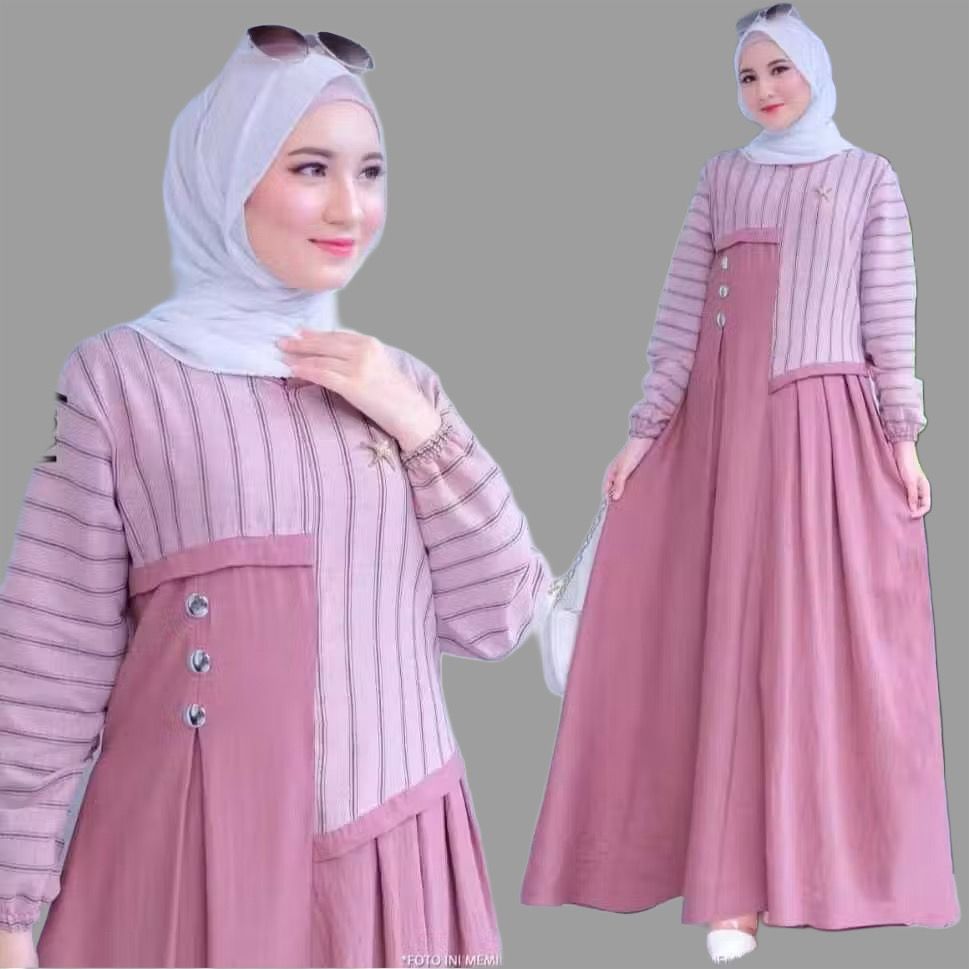 Dress Gamis Wanita Terbaru Motif Salur X Kotak Modern  ( Kancing Depan Busui Friendly )